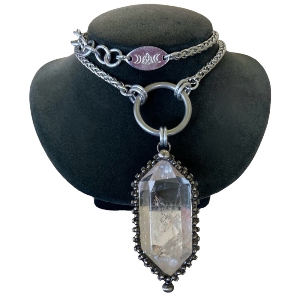 LONG chain BIG 2.5 inch Crystal quartz black electroplated boho goth necklace
